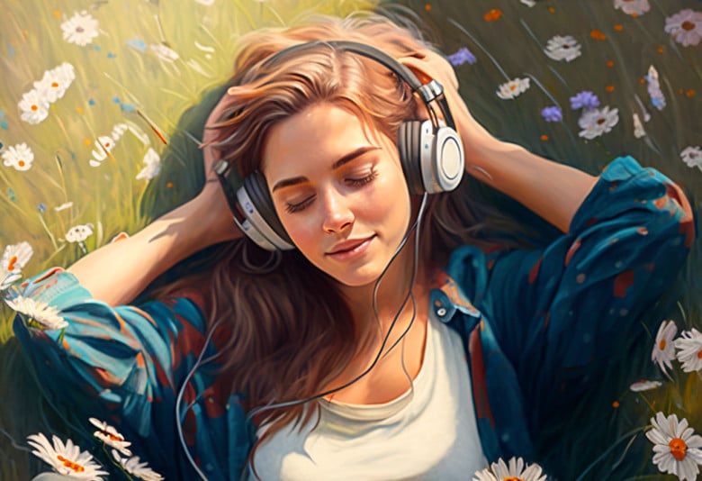 une jolie femme écoute de la musique et est heureuse